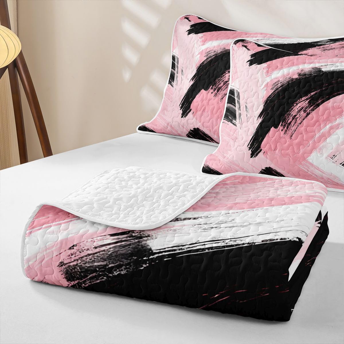 Feelyou Pink Black Bedding Set Kids Abstract Quilt Sets Queen Size Modern Stripes Bedspread Coverlet for Room Soft Modern with 2 Pillow Case