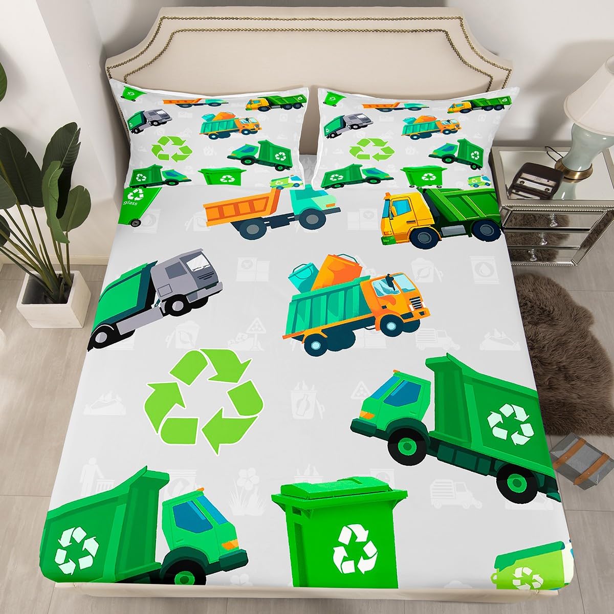 Boys Green Garbage Truck Bed Sheets Set Cartoon Trash Truck Fitted Sheet for Kids Boys Girls Teens Green Vehicle Car Bedding Set Garbage Truck Toy Bed Cover Full Size with 2 Pillow Case