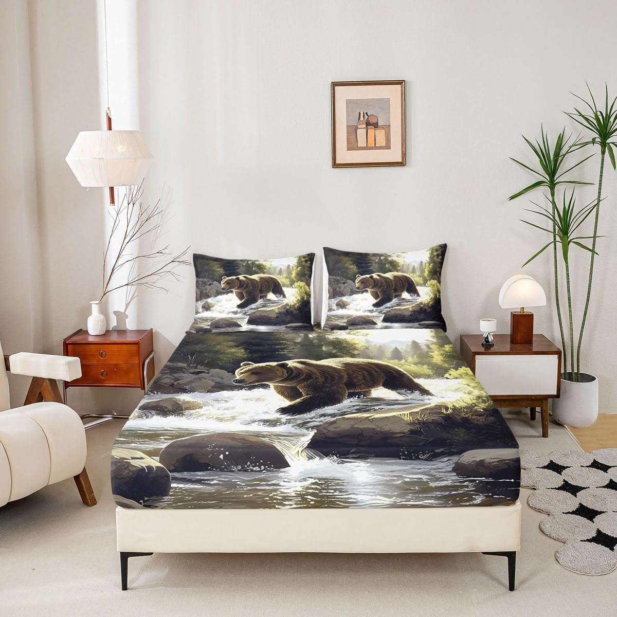 jejeloiu Bear Fitted Sheet with 1 Pillowcase Twin Size Black Bears Bed Sheets Set 16" Deep Pocket Boys Girls Cabin Bedding Countryside Teens Bedroom Decor Breathable Soft Lightweight Microfiber