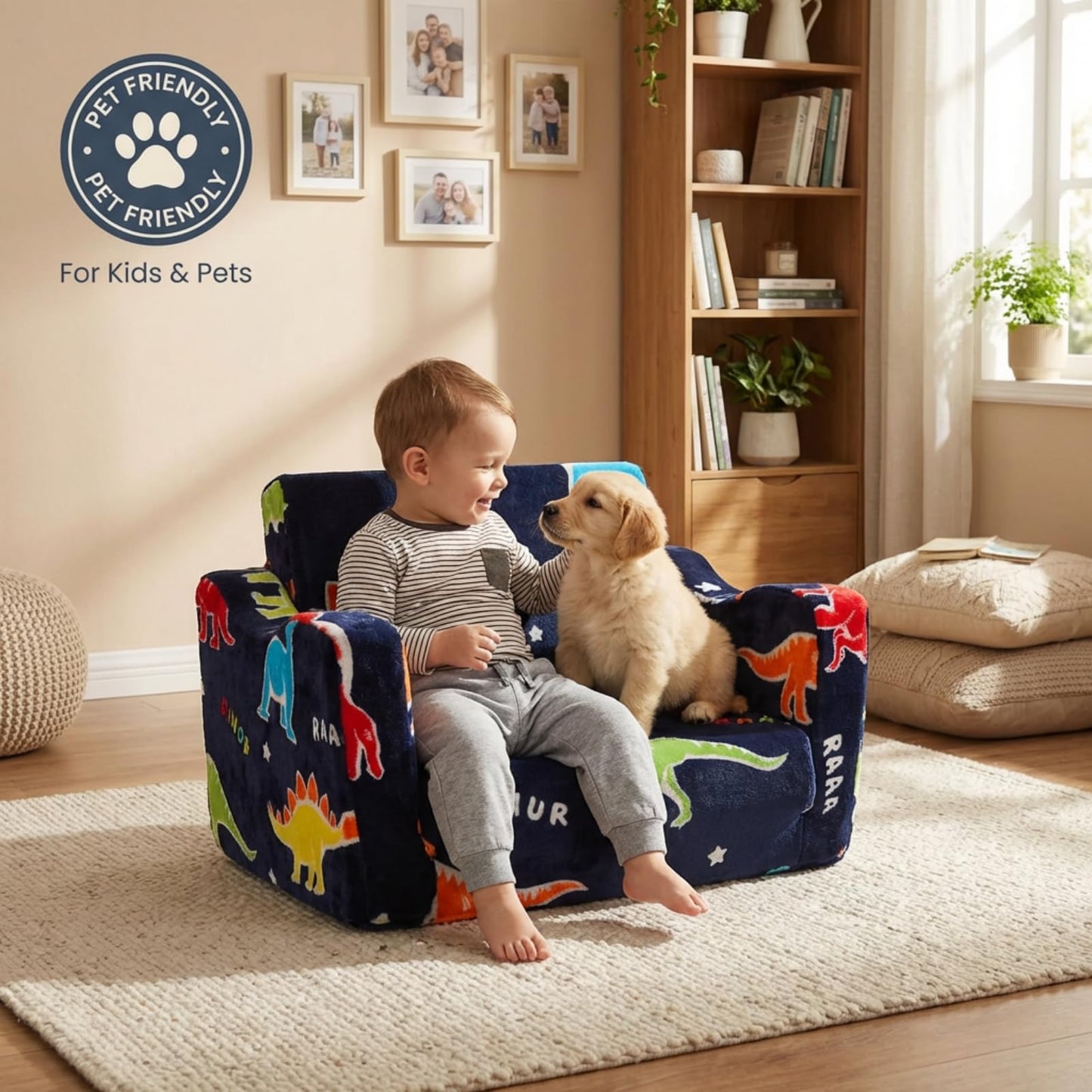 ONEKUKA Toddler Couch, Glow in the Dark Dinosaur Kids Couch, 2-in-1 Foldable Flip Open Kids Sofa Chair for Reading, Playtime and Playroom, Gift for Boys and Girls