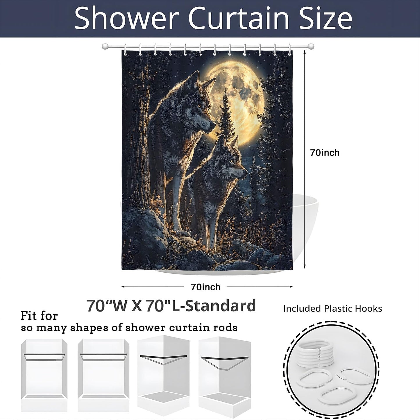 Wolf Shower Curtain Wild Animal Stand Under Super Moon Black Grey Starry Pine Tree Misty Forest Safari Country Hunting Theme Bathroom Polyester Curtains Set with Hooks 70x70 Inch