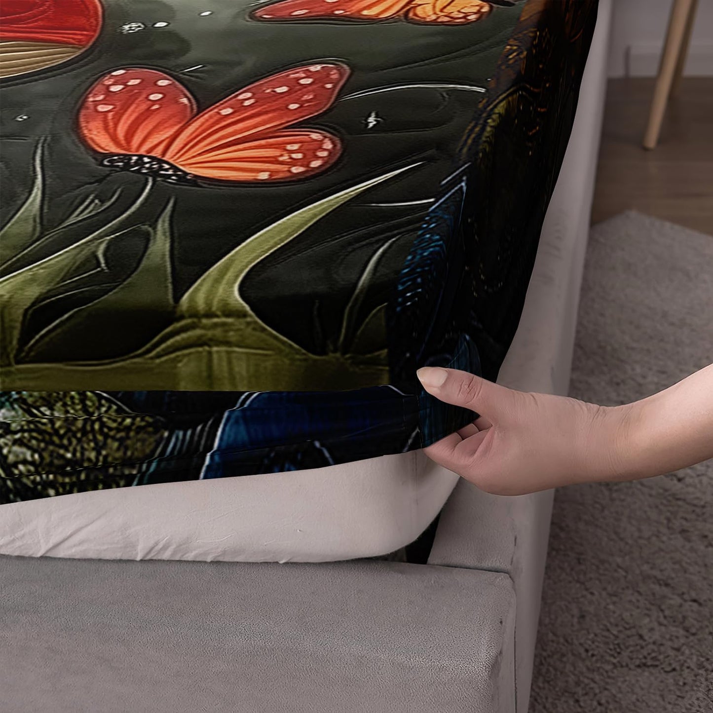HOSIMA Frog Fitted Sheet Full,Frog Wearing Witch Hat Sitting on Mushroom,Butterfly Pattern Aesthetic Cute Bedding for Kids Boys Girls Halloween Room Decor,1 Fitted Sheet+2 Pillowcases.