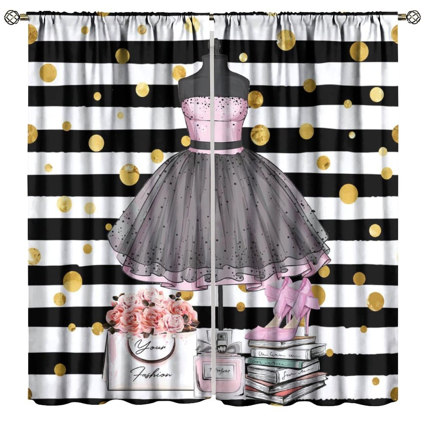 Girly Dresses Decor Window Curtain Pink Floral Girls Women Fashion Makeup Black And White Stripe Perfume Bottles High Heels for Home Kitchen Restaurant Decoration Window Curtain 2Panel 42"W X 45"L