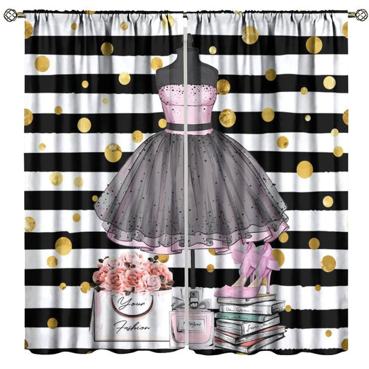 Girly Dresses Decor Window Curtain Pink Floral Girls Women Fashion Makeup Black And White Stripe Perfume Bottles High Heels for Home Kitchen Restaurant Decoration Window Curtain 2Panel 42"W X 45"L