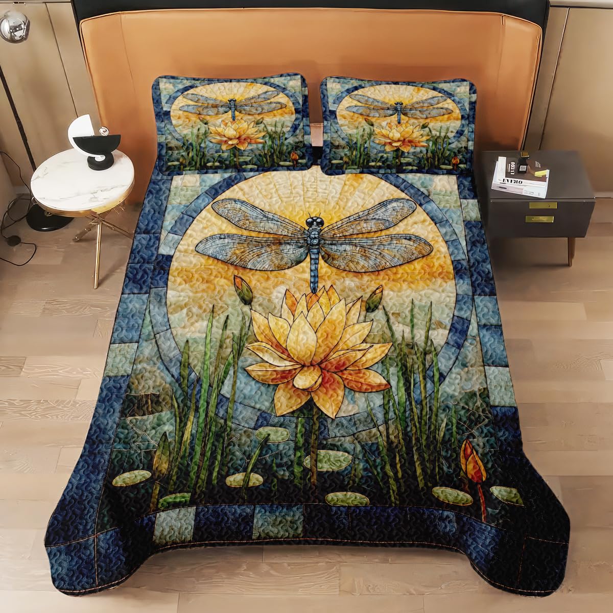 Jeminise Dragonfly Patchwork Pattern Quilt Set, Animal Style, Dragonfly Quilt Set Bedspread, Custom Patchwork Pattern Quilt Bedset, Cotton Bedding for Bedroom Girl Room