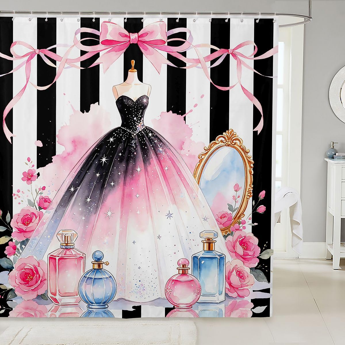 Feelyou Dress Shower Curtains Black Pink White Bathroom Curtain for Kids Women Men Perfume Bathroom Accessories High-Heeled Shoes Waterproof Polyester Fabric for Stalls Bathtubs 72"x72"