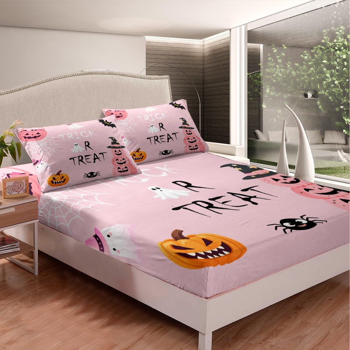 Cute Ghost Spider Web Pumpkin Fitted Sheet Queen Size,Kids Cartoon Style Soft Bed Cover(1 Fitted Sheet+1 Pillow Case),Pink Halloween Breathable Mattress Cover