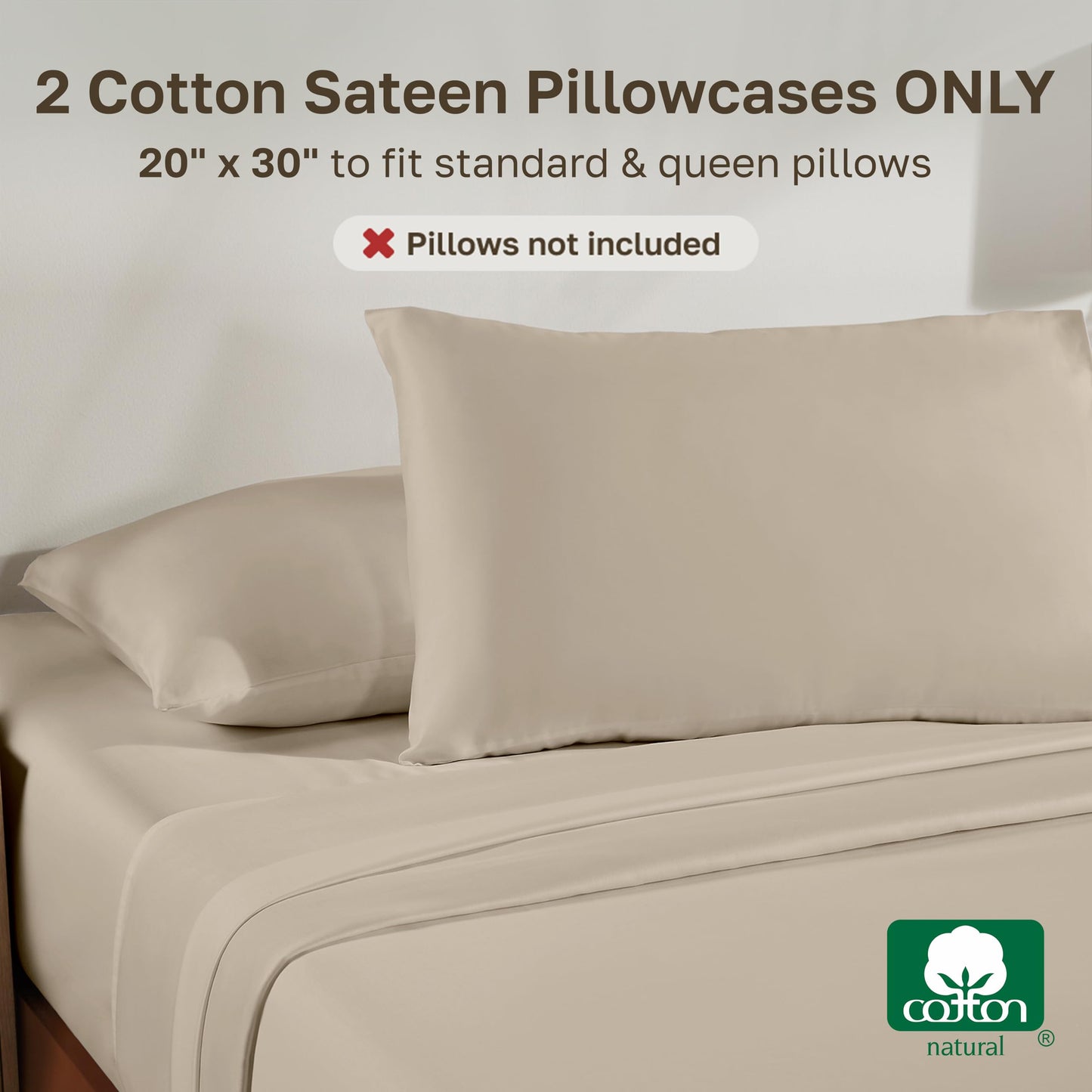 California Design Den 100% Cotton Pillow Cases Standard Size Set of 2, Soft Sateen Weave Pillowcase Set - Beige (Warm Taupe)