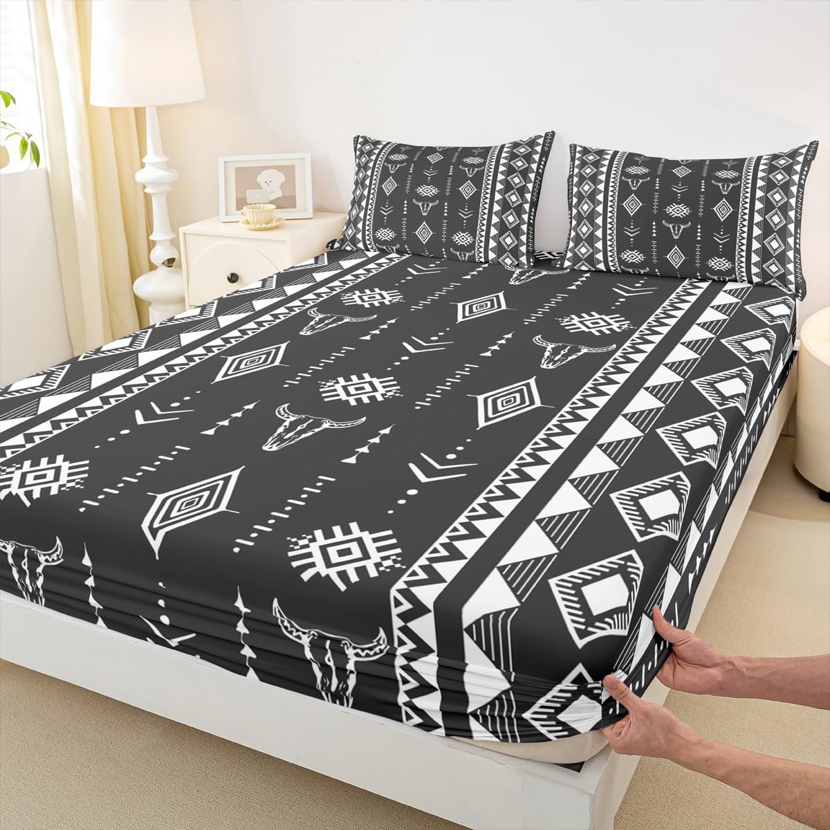Erosebridal Bull Skull Bed Sheets Set Full Size, Western Aztec Boho Flat Fitted Sheet for Girls Boys Women Men Home Decor, Southwestern Cowboy Bedding Set, Ethnic Horns Bed Sets