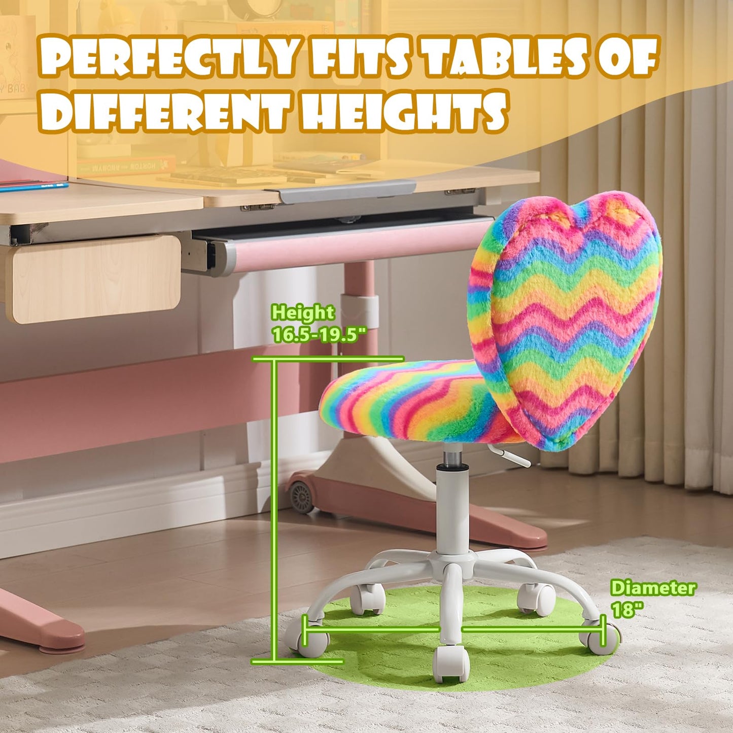 Lessmore Heart Kids Desk Chair，Girls Desk Chairs,Comfy Swivel Computer Chair for Girls Room, Fluffy Kids Office Chair for Reading & Vanity，Rainbow