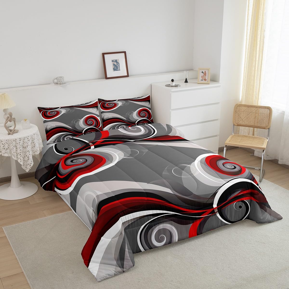Feelyou Gray Black Red Swirl Bedding Set Kids Geometric Stripe Comforter Set Boys Girls Trippy Circle Decor Comforter Farmhouse Abstract Artwork Duvet Set Bedroom Quilted Set Queen Size