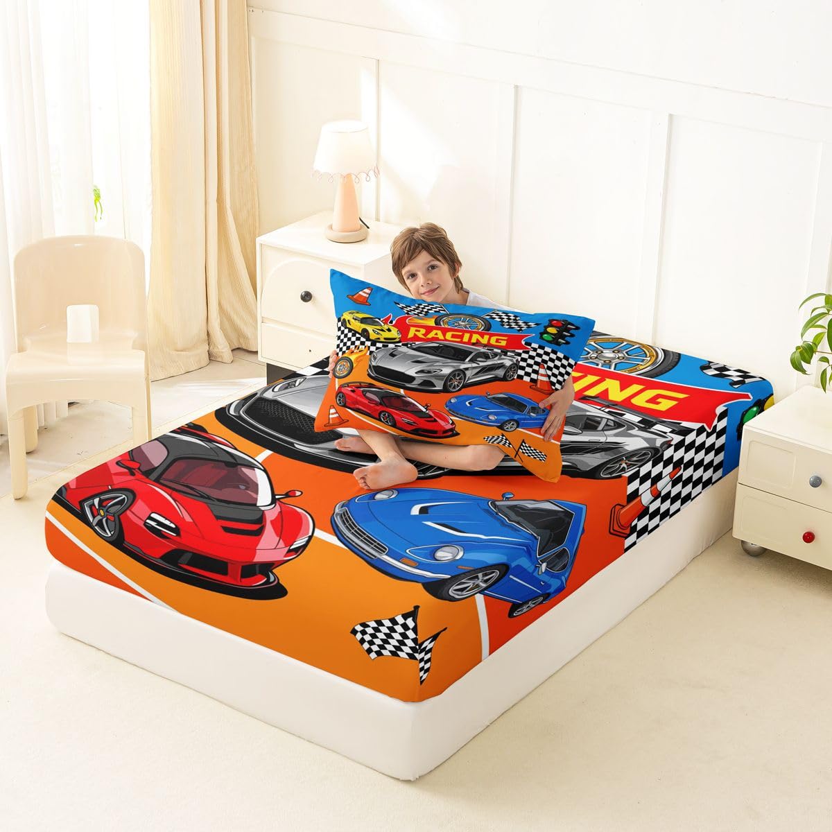Feelyou Boys Race Car Fitted Sheet Twin Size for Kids Boys Girls Sports Racing Car Bed Sheets Set 16" Deep Pocket Soft Breathable Microfiber Extreme Sports Bedding with 1 Pillowcase Room Decor