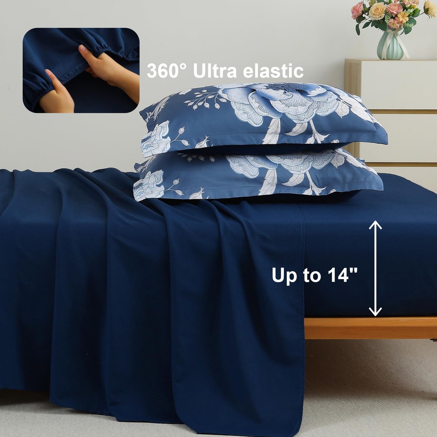 Luxudecor Floral Comforter Set King Size 7 Pieces Bed in a Bag,Flower Print on Blue Bedding Set,Soft Microfiber Bedding Set for All Season (Blue,104"x90")