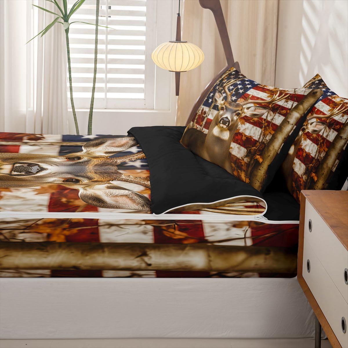 Feelyou American Flag Comforter Set Twin Size Zipper Bedding Set for Girls Boys Cute Deer Comforter with Fitted Sheet, Pillowcases Deer Hunting Zipper Bedding Soft Breathable Bed in a Bag