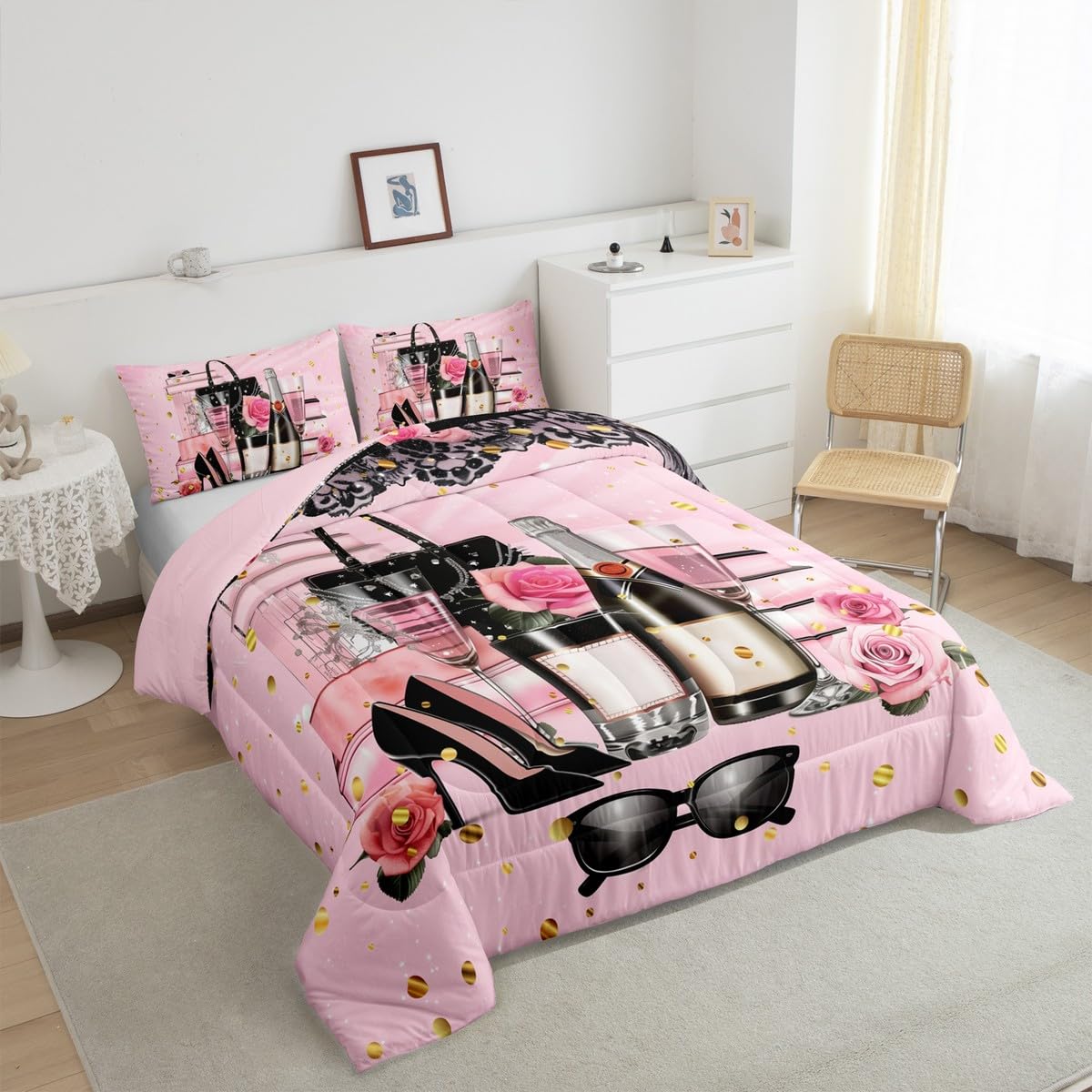 Erosebridal Fashion Women King Bedding Set Modern Pink Girly Comforter for Girls Kids Teens Magazine Book Rose Flower Down Comforter High Heel Makeup Perfume Duvet Insert