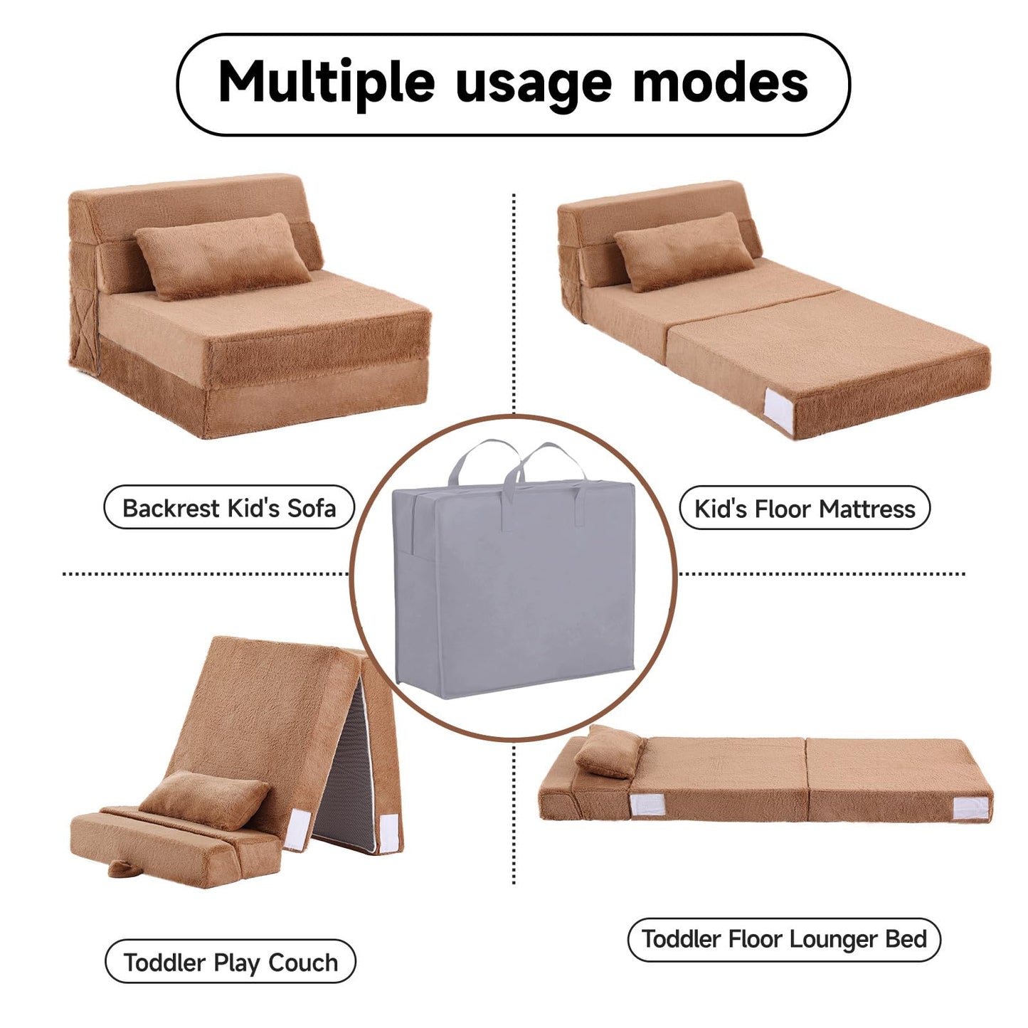 Tiita Convertible Folding Kids Sofa Bed with Pillow & Storage Bag, Plush Fabric Floor Mattress Couch Bed, Washable Cover, Kids Room, Playroom, Dorm, Apartment, Brown