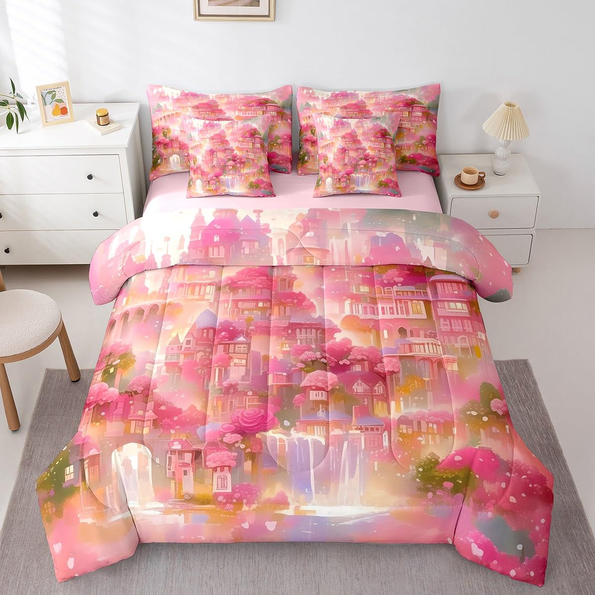 Erosebridal Rose Castle Comforter Set King,Dreamy Sea of Floral Bedding Set 7Pcs for Kids Girls Teens,Princess Fantasy Mysty Bed in a Bag