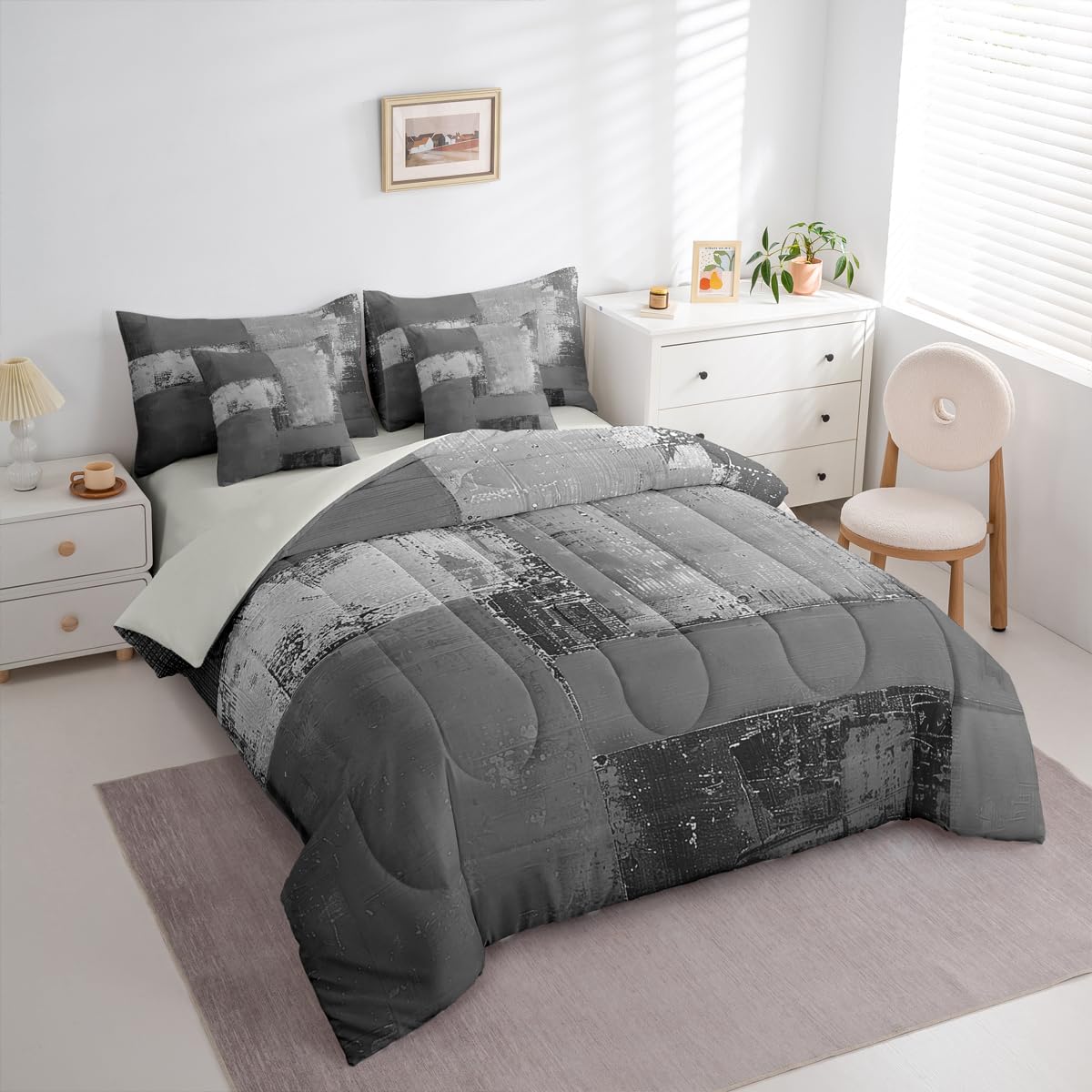 Feelyou Abstract Comforter Set with Sheets 7 Piece King Size Modern Abstract Art Bed in a Bag Kids Boys Girls Luxury Bedding Set Geometric Bedroom Decor Gray Breathable Soft Lightweight Microfiber