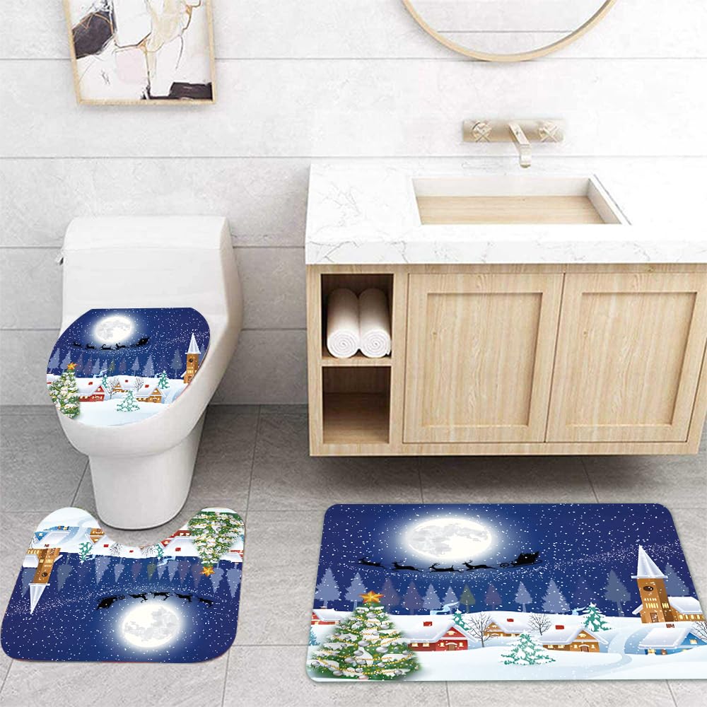 Czrqvyx 4PCS Christmas Holiday Winter Snowman Xmas Tree Santa Shower Curtain Blue Fabric Pine Moon Stars Snow Shower Curtain Christmas Bathroom Decor Curtain, 72Wx72H