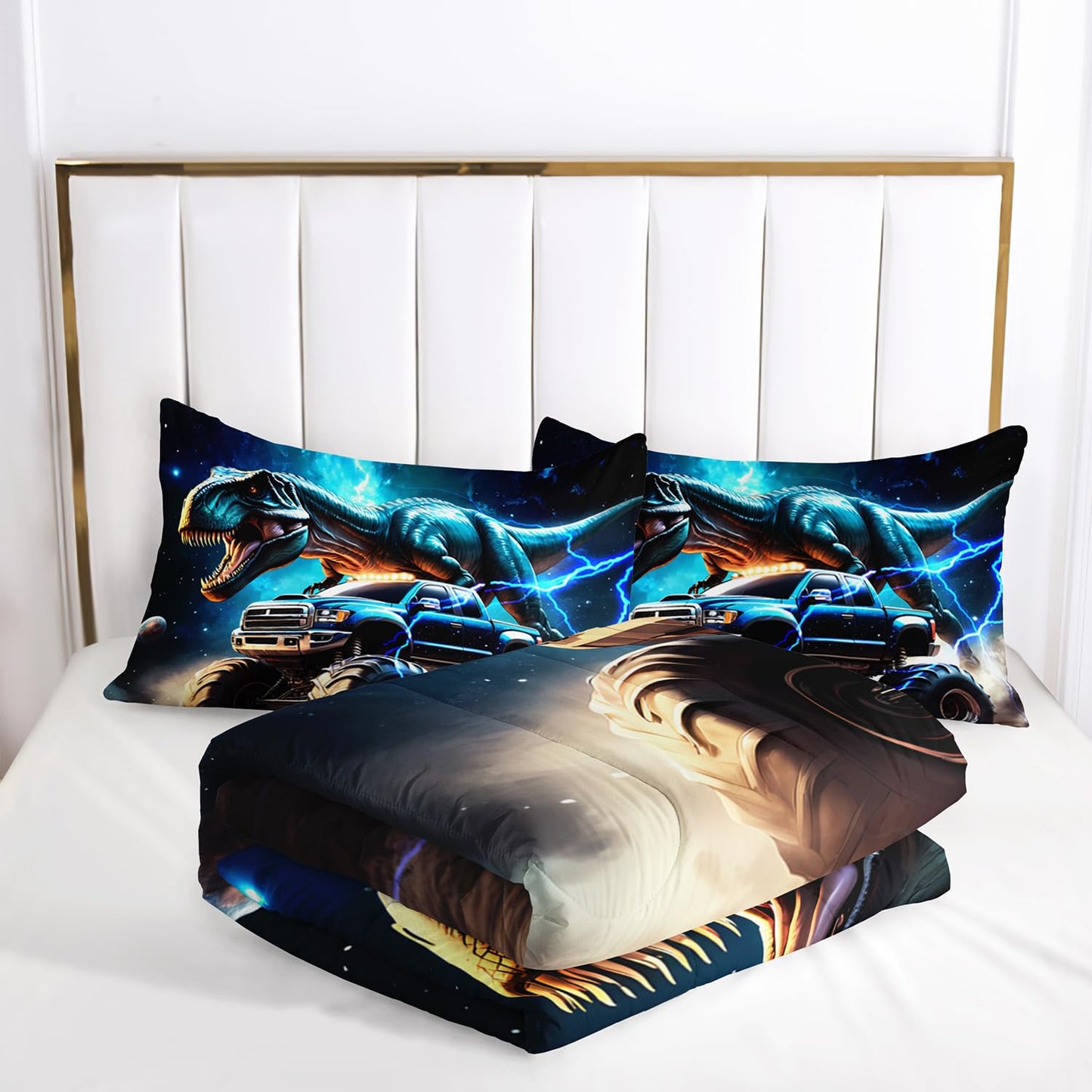 AILONEN Kids Dinosaur Comforter Monster Truck Bedding Twin Size,3D Space Galaxy Dinosaur Comforter Set,Monster Bedding for Boys,3-Piece,1 Comforter + 2 Pillowcases