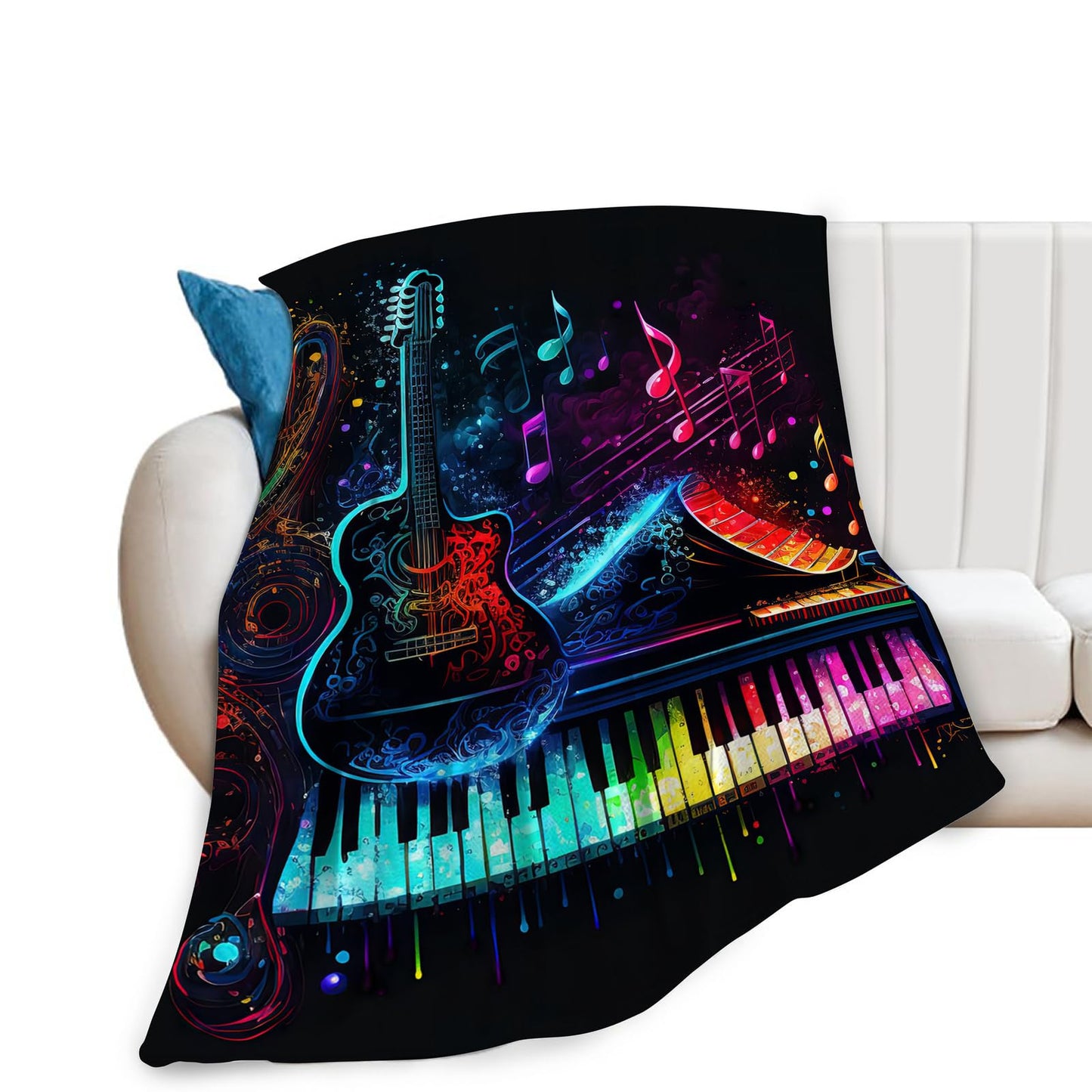 Colorful Guitar Blanket Ultra Soft Cozy Music Note Piano Throw Blanket Fleece Fuzzy Plush Bedding Rock Musical Instrument Gifts for Women Girls Kids Adults 50"x40"