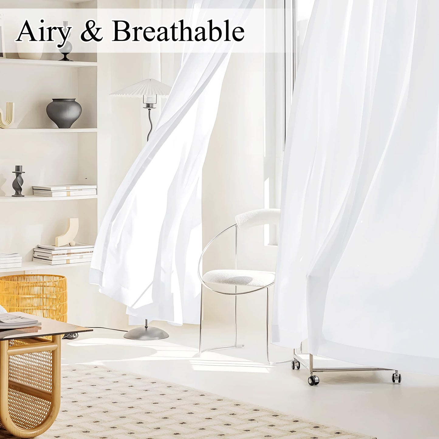 NICETOWN Pure White 4 Panels Privacy Sheer Curtains 52 x 96 Inches Long, Non-See-Through Light Filtering Window Treatment Drapes for Living Room, Bedroom - Rod Pocket Style