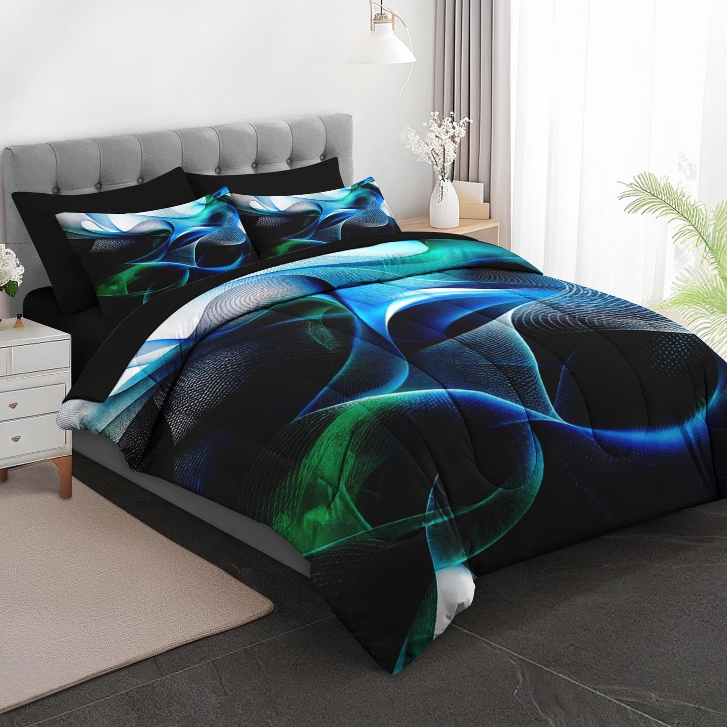 Boewywh Comforter Set Twin Size Abstract Blue Modern 7 Pcs, Bedding for Kids and Adults, Green Geometric Bed Sheet Sets with Fitted Sheet 2 Pillowcases & 2 Shams for Bedroom Bed Decor