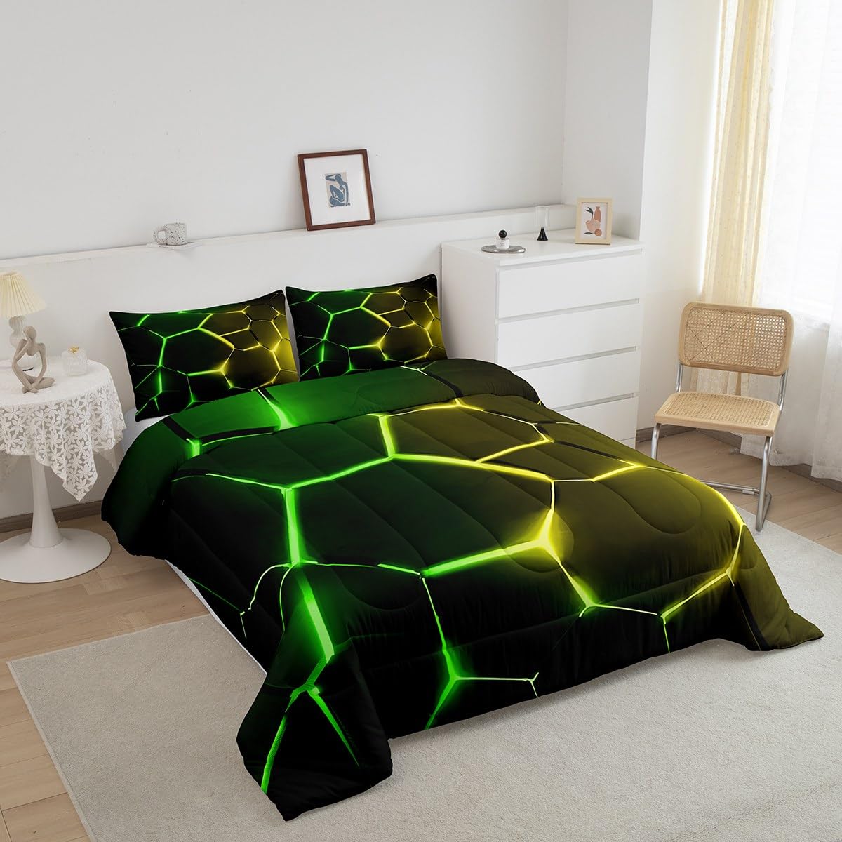Feelyou Honeycomb Comforter Green Yellow Hexagonal Print Bedding Set for Kids Boys Girls Children Beehive Geometrical Comforter Set Ultra Soft Decor Reticulated Duvet Set Twin Size