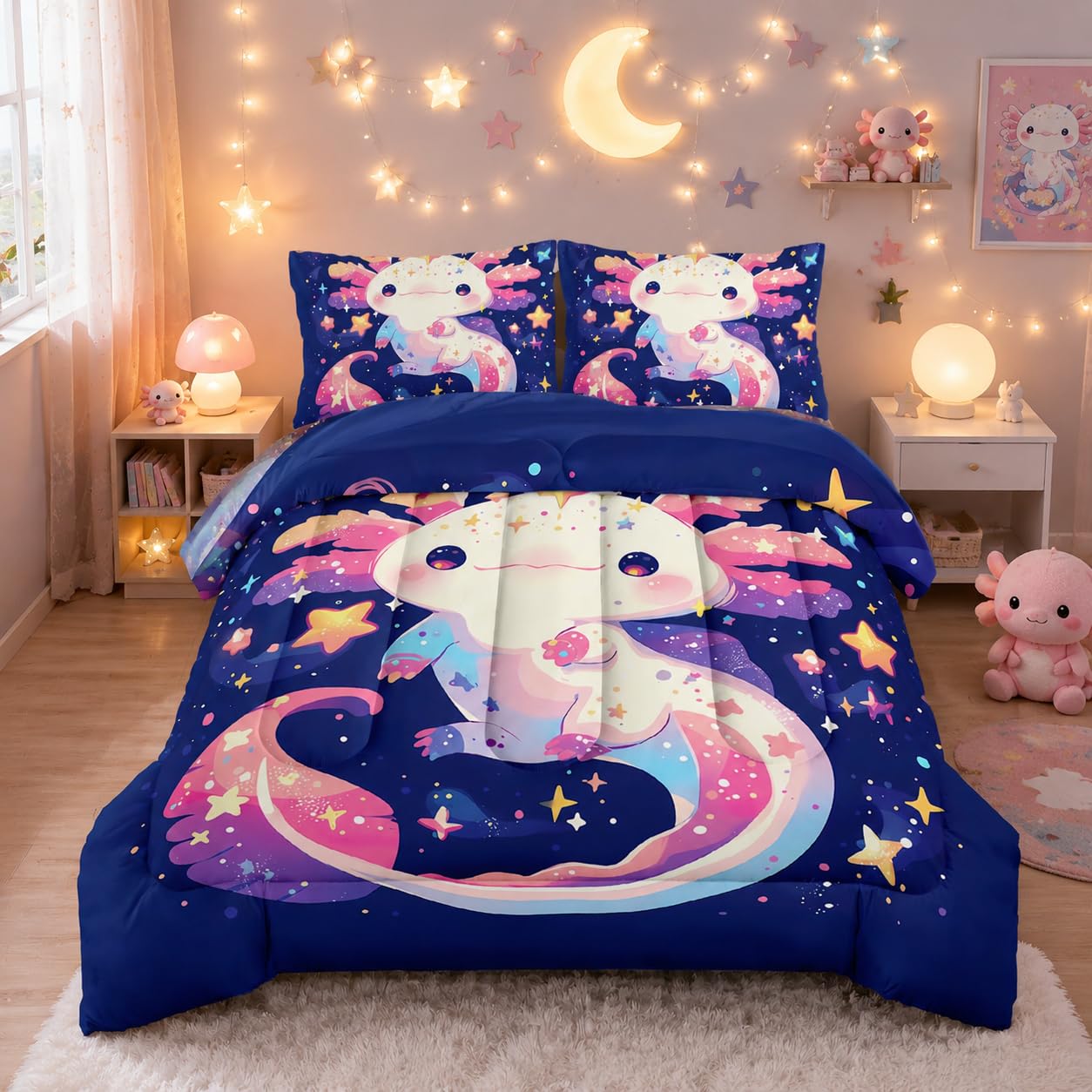 Nttopship Cartoon Axolotl Comforter Bedding Set with 2 Pillowcase Twin Size Pink Salamander Comforter Set for Kids Boys Girls Bedroom Decor