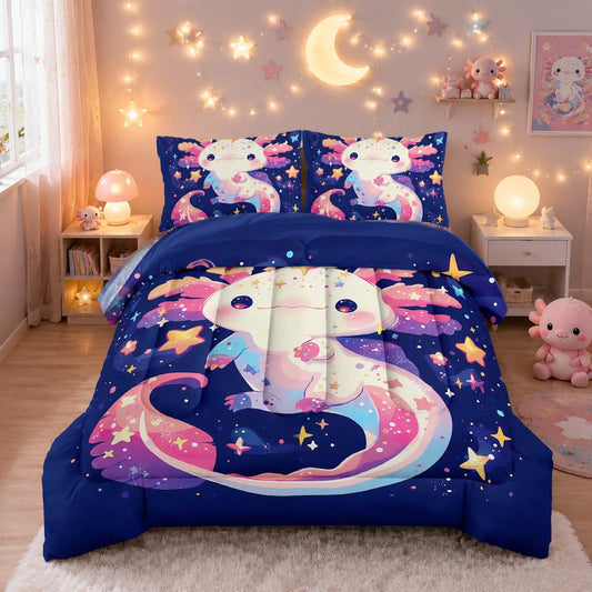 Nttopship Cartoon Axolotl Comforter Bedding Set with 2 Pillowcase Twin Size Pink Salamander Comforter Set for Kids Boys Girls Bedroom Decor