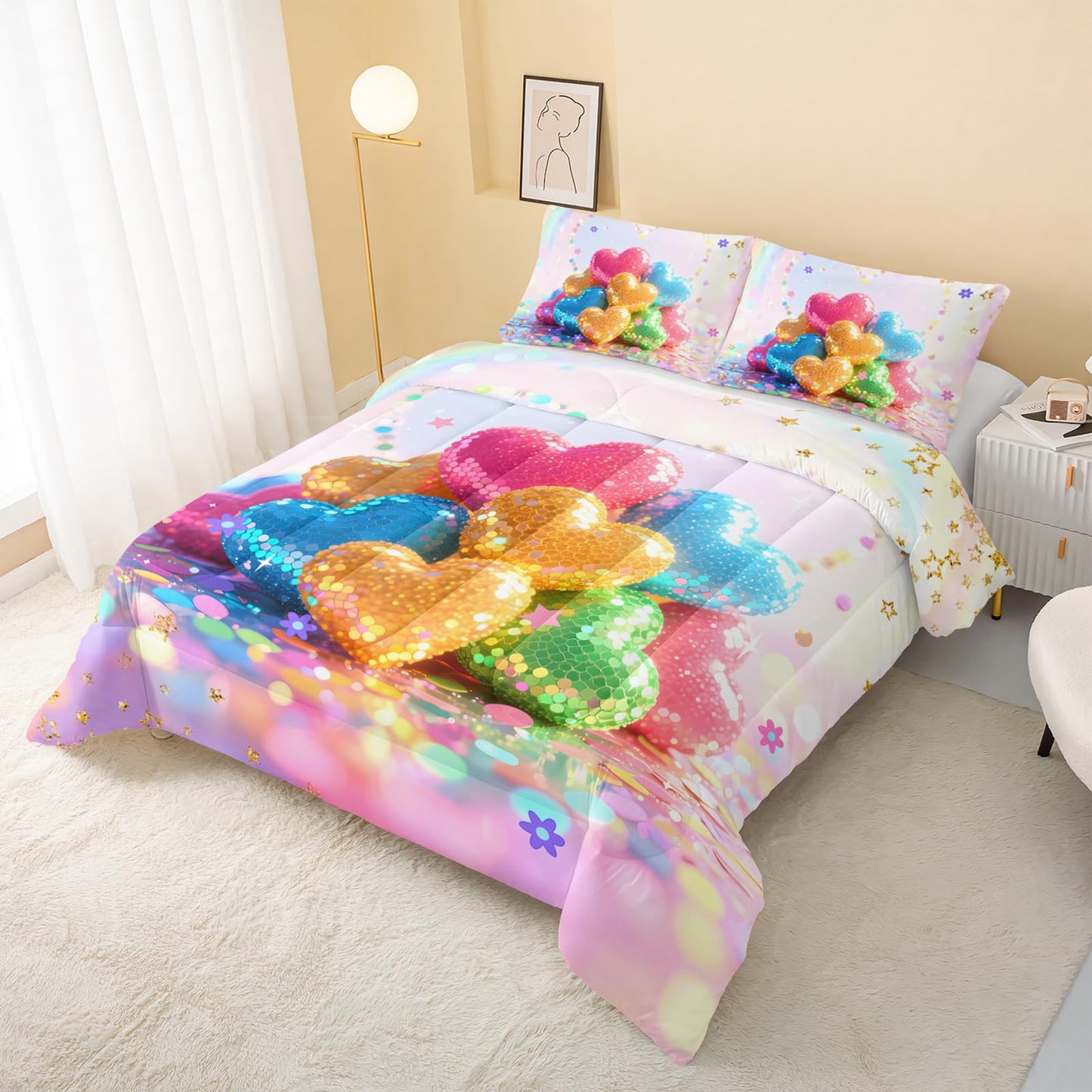 QOOMO Kawaii Heart Kids Comforter Set,Cute Rainbow Print Bedding Set Queen Size for Boys Girls Room Decoration,Pink Bed Set Microfiber Lightweight All Season,1 Comforter Set 2 Pillowcases