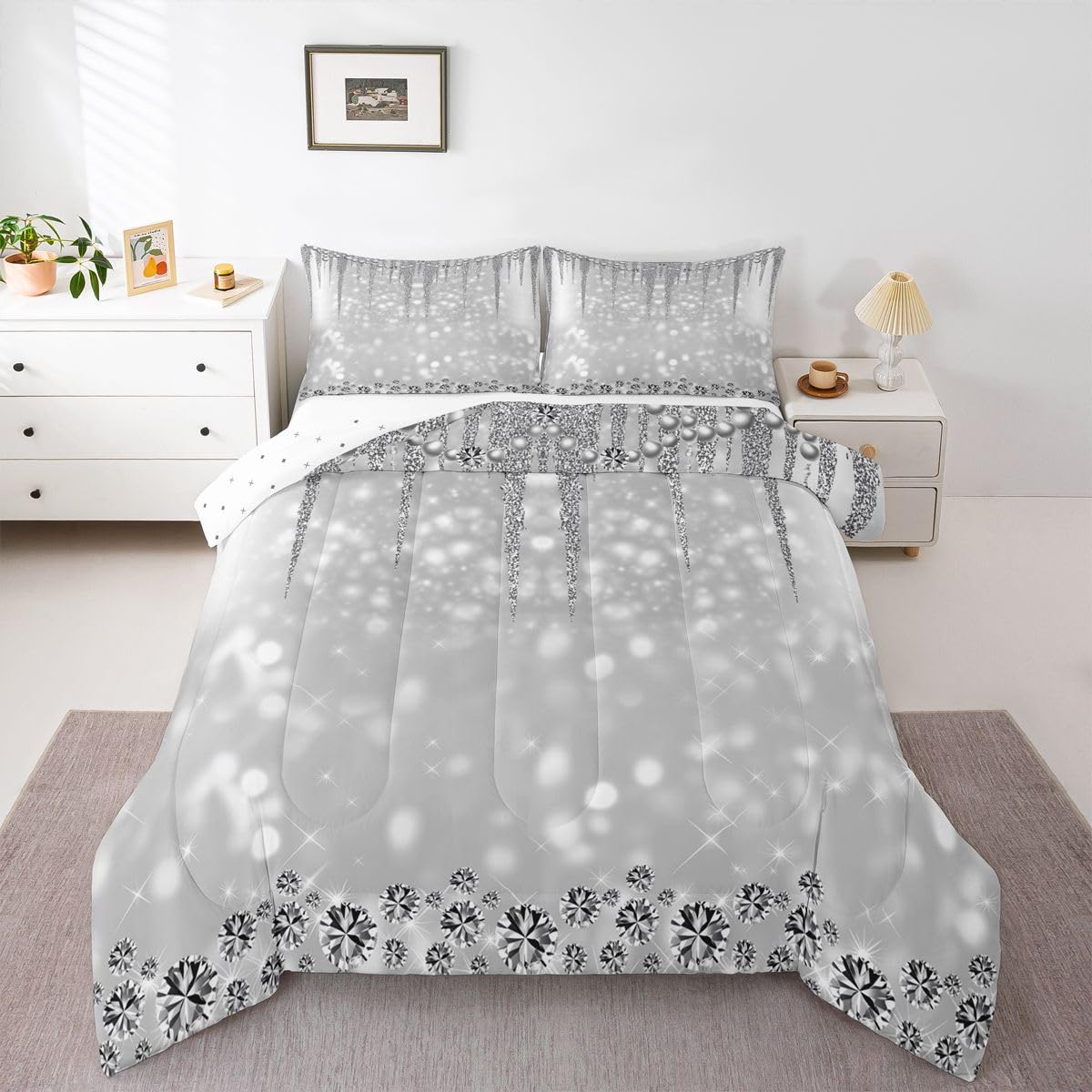 Grey Glitter Comforter Set Queen Size,3D Diamond Pearls Silver Bedding Sets for Kids Teens Girls Women Room Decor Luxury Sparkling Jewelry Quilt Set Starlight Galaxy Duvet Insert,2 Pillowcases