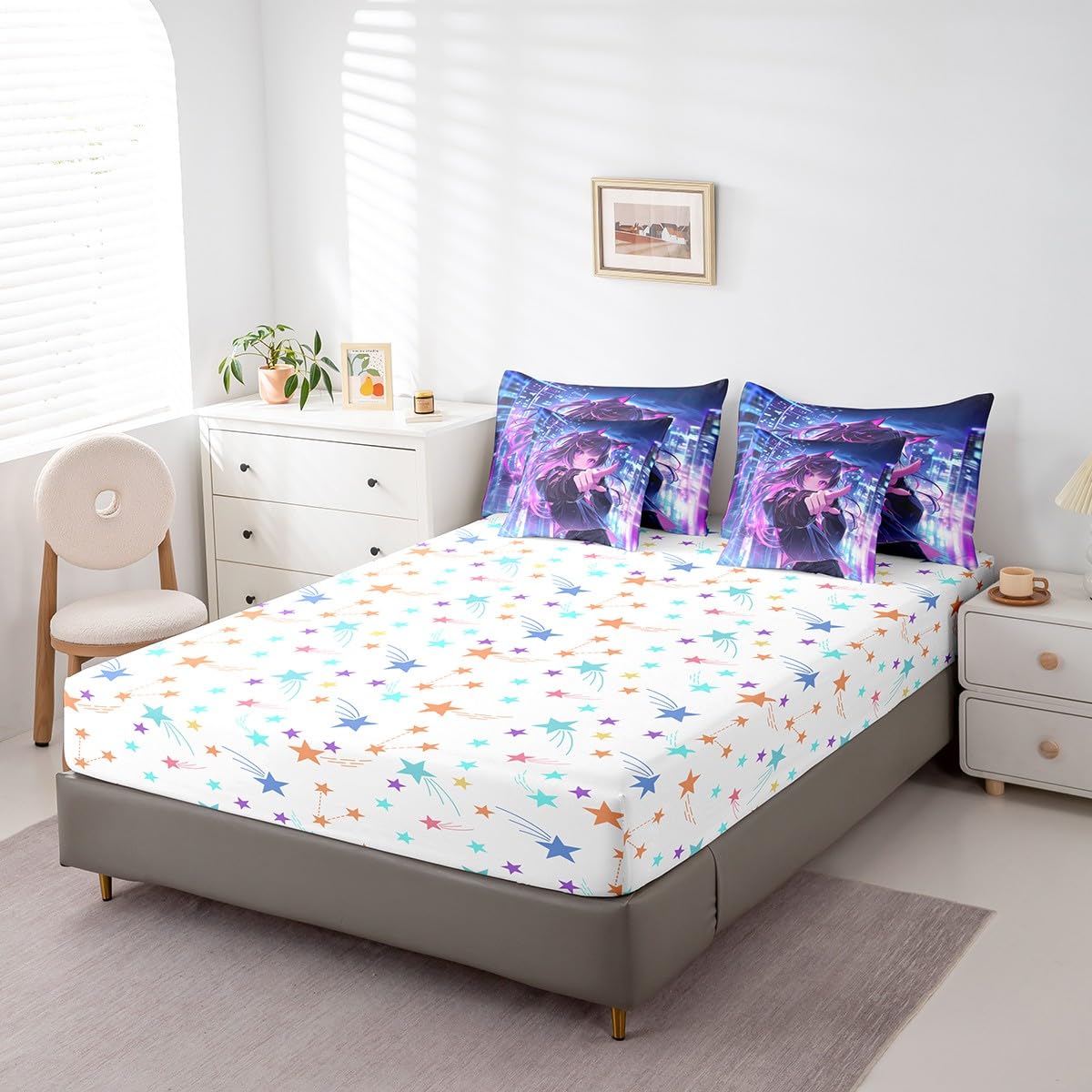 Erosebridal Kids Anime Girl 7 Piece Comforter Set Twin Bed in A Bag, Japanese Anime Bedding Sets, Cartoon Girl Sheet Set with Comforter for Boys Teens Adult, Kawaii Japanese Animation Bed Sets