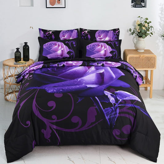 Xruibed Floral Comforter Set King 7 Piece Bed in a Bag Purple Rose Flower Comforter with Sheet Set Soft Micorfiber Bedding Set (1 Comforter,2 Pillow Shams,1 Flat Sheet,1 Fitted Sheet,2 Pillowcases)