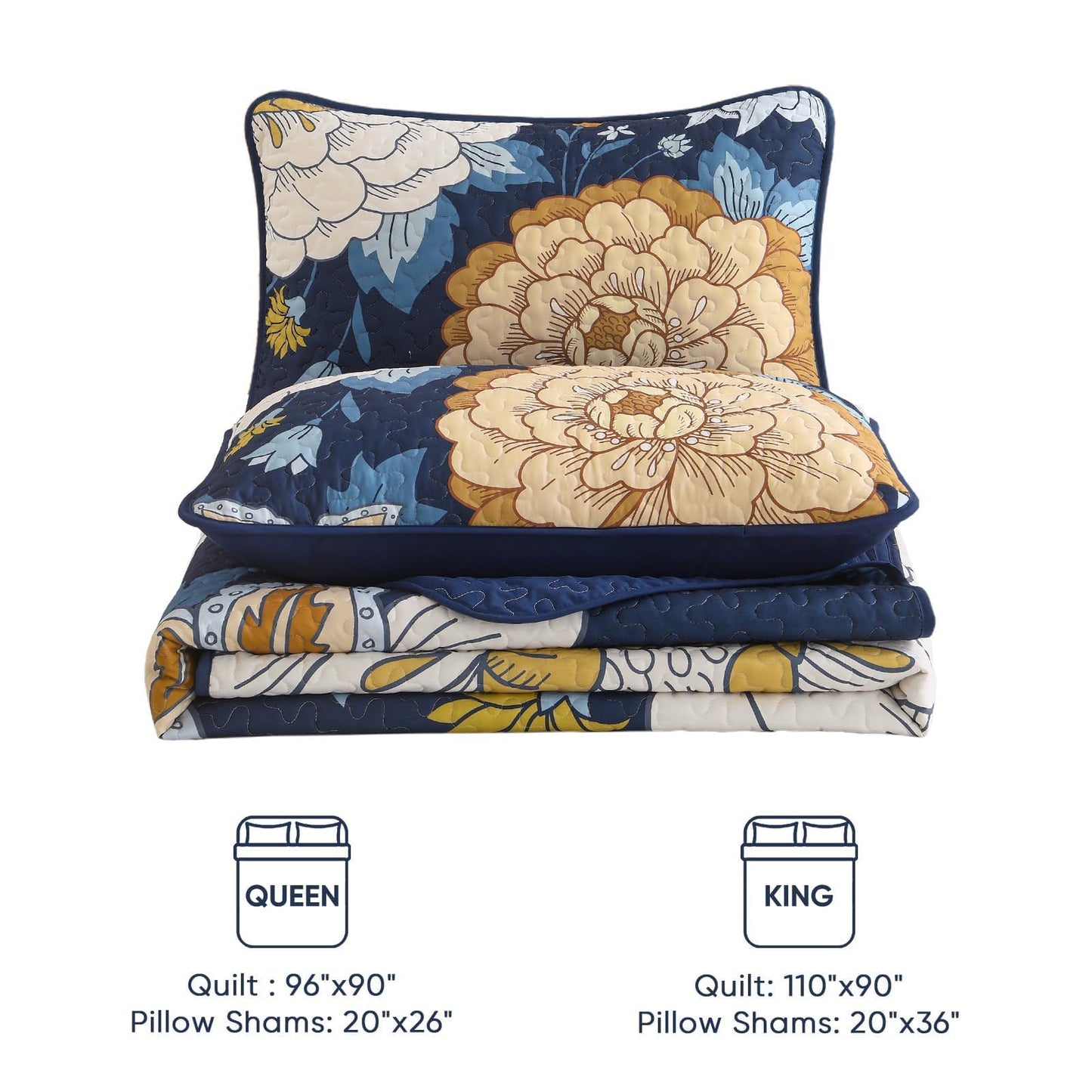DJY Navy Floral Quilt Set Queen Size Boho Bedspread Coverlet Set, 3 Piece Botanical Quilt Soft Microfiber Blue Floral Bohemian Bedding Set with 2 Pillowcases for All Season, 96''x90''