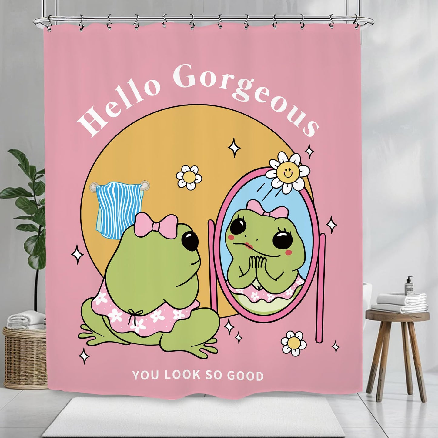 Kalmico Funny Frog Girl Self Love Shower Curtain 60Wx72L Inch Cute Hello Gorgeous Animal Hilarious Lovely Kids Pink Y2K Bathroom Set Accessories Decor with 12 Pack Hooks