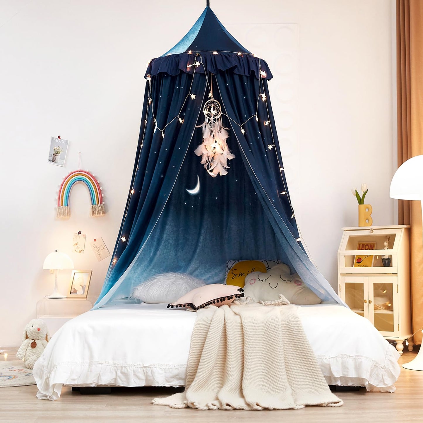 Kertnic Decor Princess Canopy for Girls Bed, Soft Smooth Playing Tent Canopy Room Decoration Castle, Dreamy Mosquito Net Bedding, Reading Nook Canopies in Home (Night Sky-Ruffle)