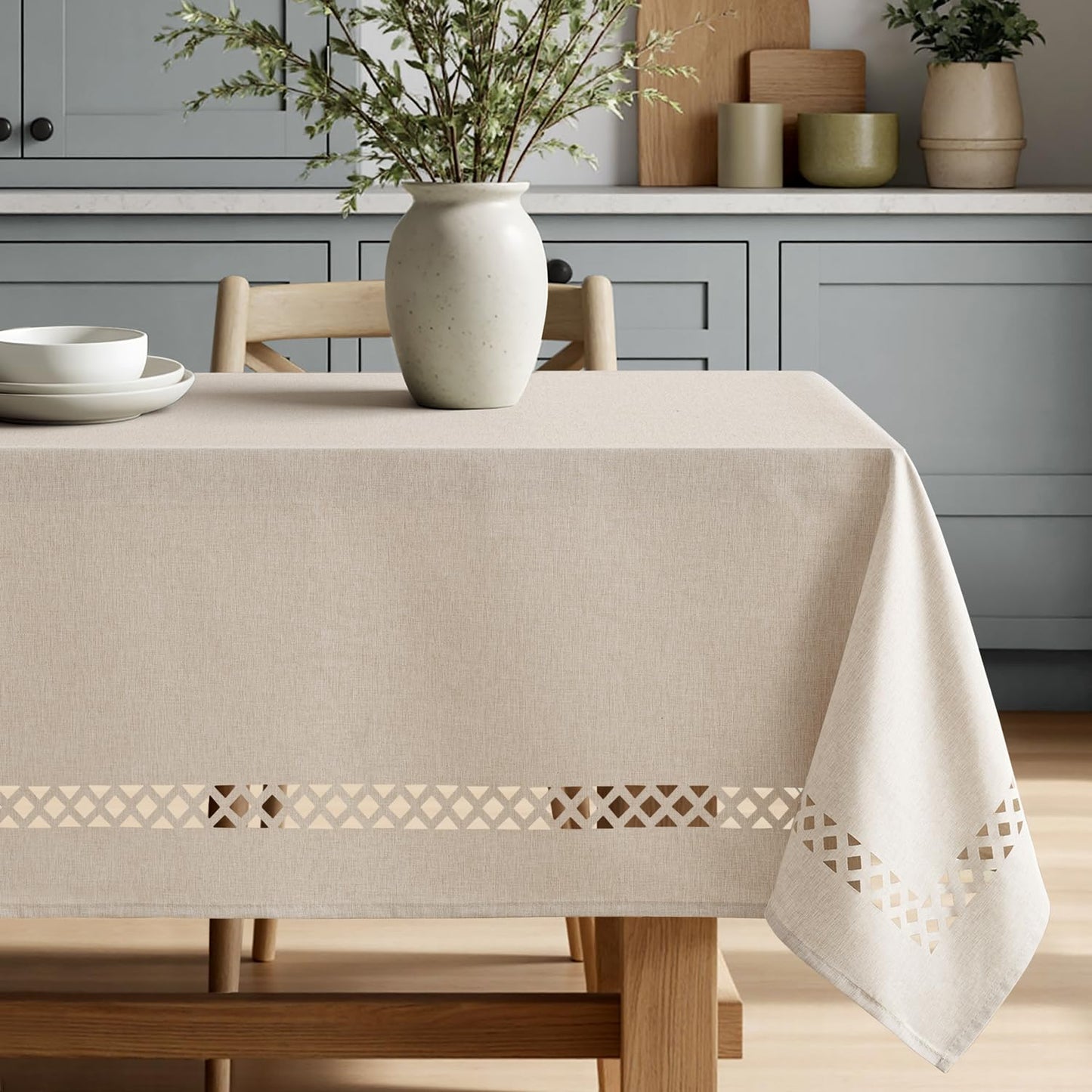 MIULEE Beige Rectangle Linen Polyester Tablecloth with Decorative Cutouts Spring Waterproof Stain Resistant & Shrink-Proof Table Cloth 52x70 inch Farmhouse Style for Dining Wedding and Outdoor