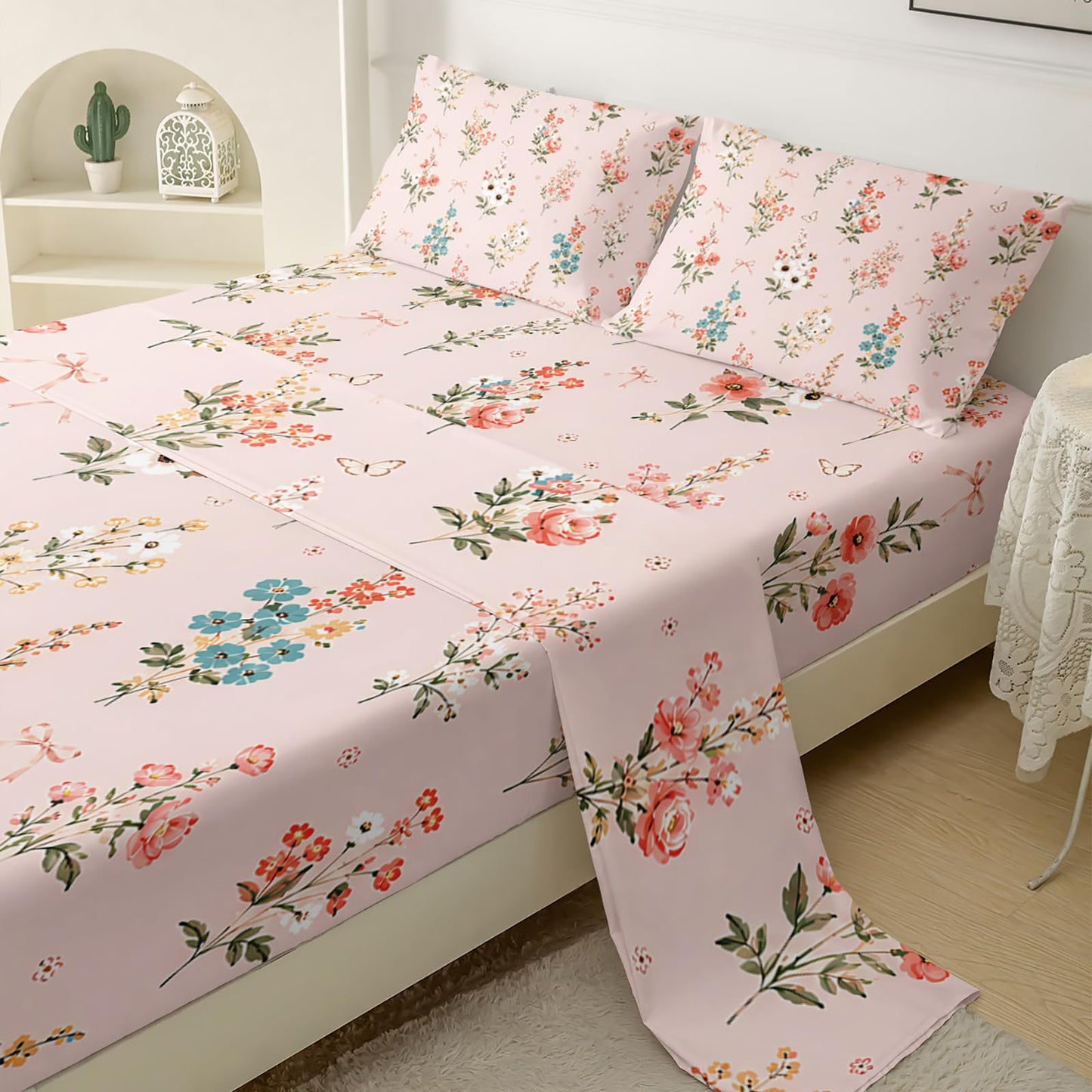 QOOMO Floral Sheet Set,Pink Floral Kids Bed Sheets,Pink Flower Printed 16" Deep Pocket Bed Sheet Set for Girls/Kids/Teens，4 Piece Sheet Set, 1 Fitted Sheet,1 Flat Sheet and 2 Pillowcases，Twin Size