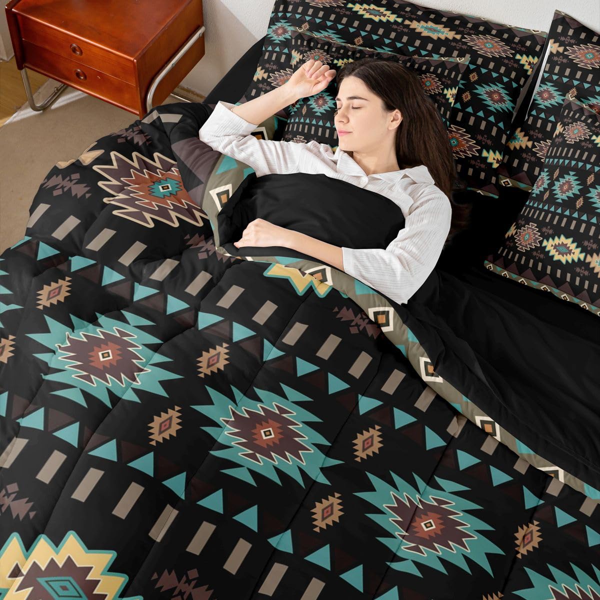 Erosebridal Aztec 7 Piece Bedding Set Queen Geometric Comforter Set with Sheets Rustic Boho Mysterious Tribal Retro Bed in a Bag Black Teal Southwestern Simple for Teens Men Women