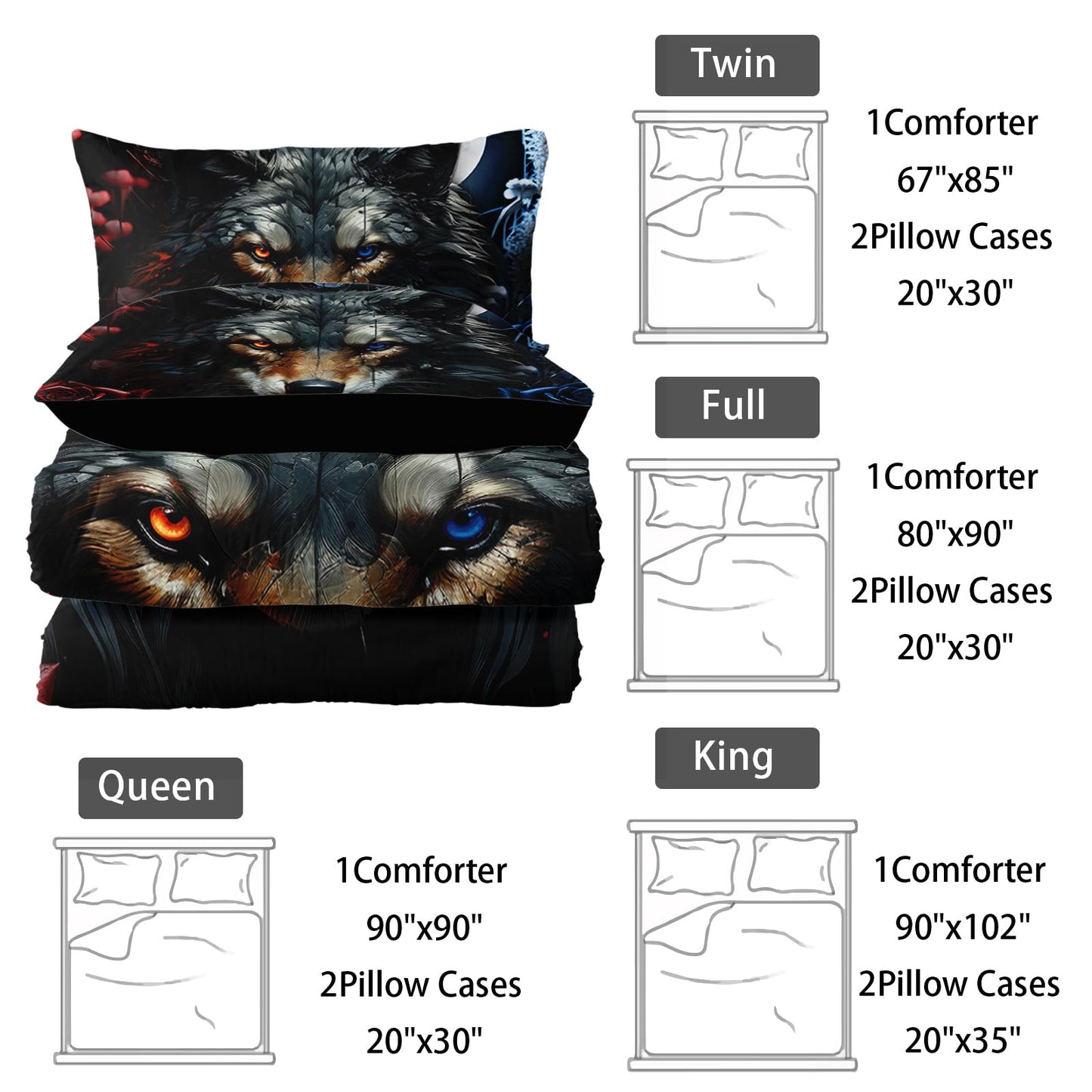 Nttopship Wolf Bedding Set Twin Size,Blue and Red Roses Comforter Set 3 Piece for Girls Boys Kids Teens,Wildlife Bed in a Bag Sets 3D Wild Animal Print Bedding Set Comforter with 2 Pillowcase