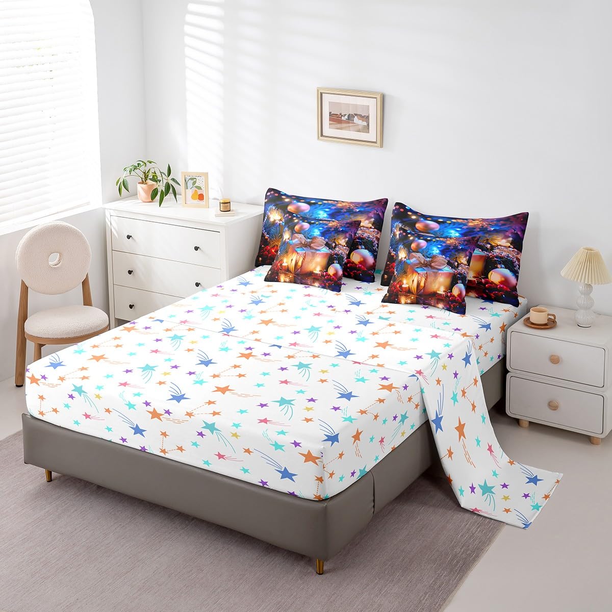 Erosebridal Merry Christmas Bedding Sets 7 Piece Twin 3D Festival Box Comforter Set Dreamy Starlight Quilt with Flat Fitted Sheet for Girls Women Xmas Decoration Bed in A Bag