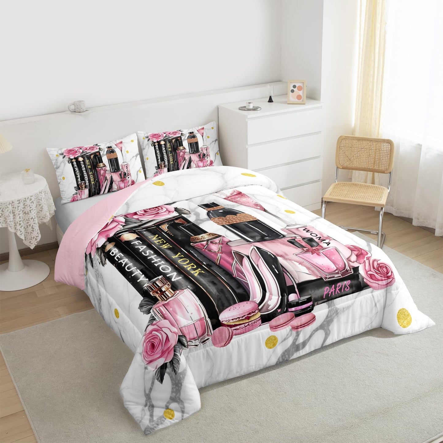 Erosebridal Fashion Black Pink Comforter King Size Flower Perfume Girls Women Modern Bedding Set High Heels Books Champagne Quilt Romantic Makeup Paris Bed Sets