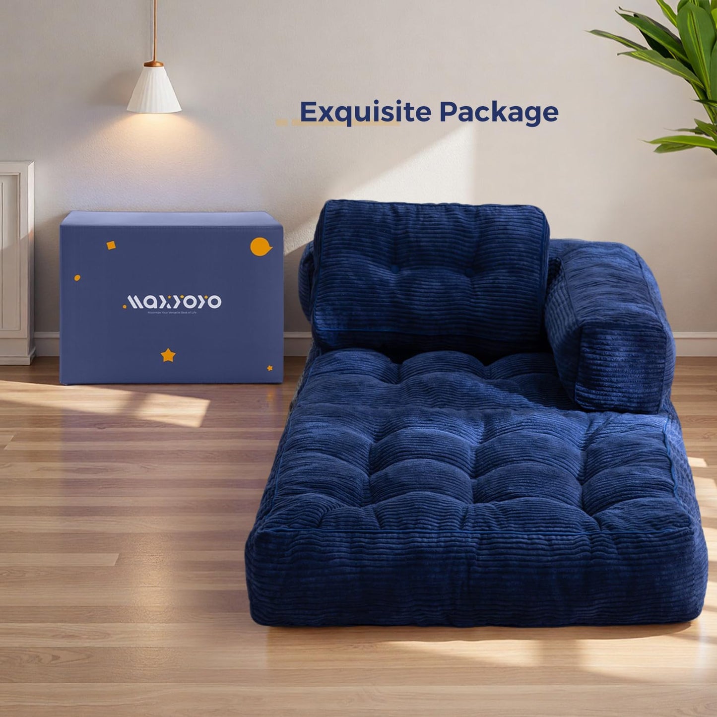 MAXYOYO Folding Sofa Bed, L-Shaped Convertible Sofa Bed with Armrest Foldable Sofa Couch with Pillow, Portable Fold Out Chair Bed Comfy Floor Lounge for Living Room Bedroom, Navy