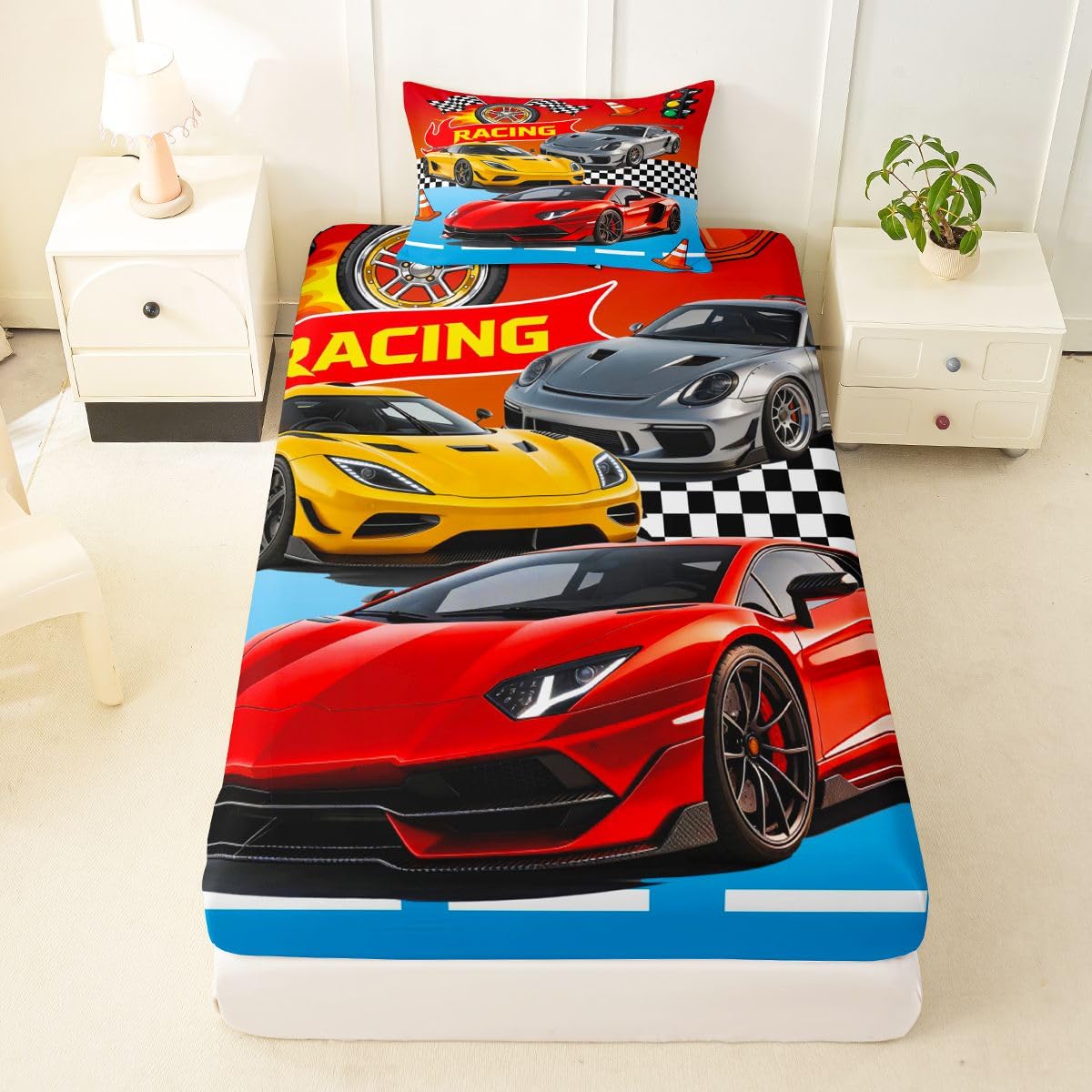 Feelyou Boys Race Car Fitted Sheet Twin Size for Kids Boys Girls Speed Sports Car Bed Sheets Set 16" Deep Pocket Soft Breathable Microfiber Racing Bedding with 1 Pillowcase Extreme Sports Room Decor
