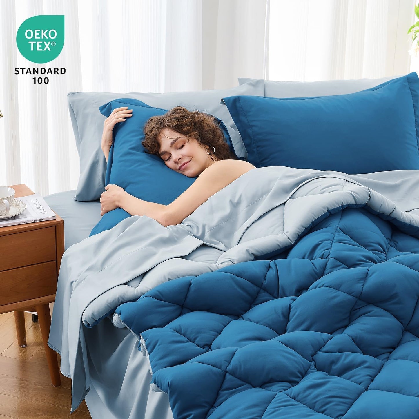 MUXHOMO 7 Pieces King Comforter Set, Reversible Bed in a Bag King Size, All Season Bedding Set with Comforter, Flat Sheet, Fitted Sheet, Pillowcases & Shams, Teal & Lake Blue