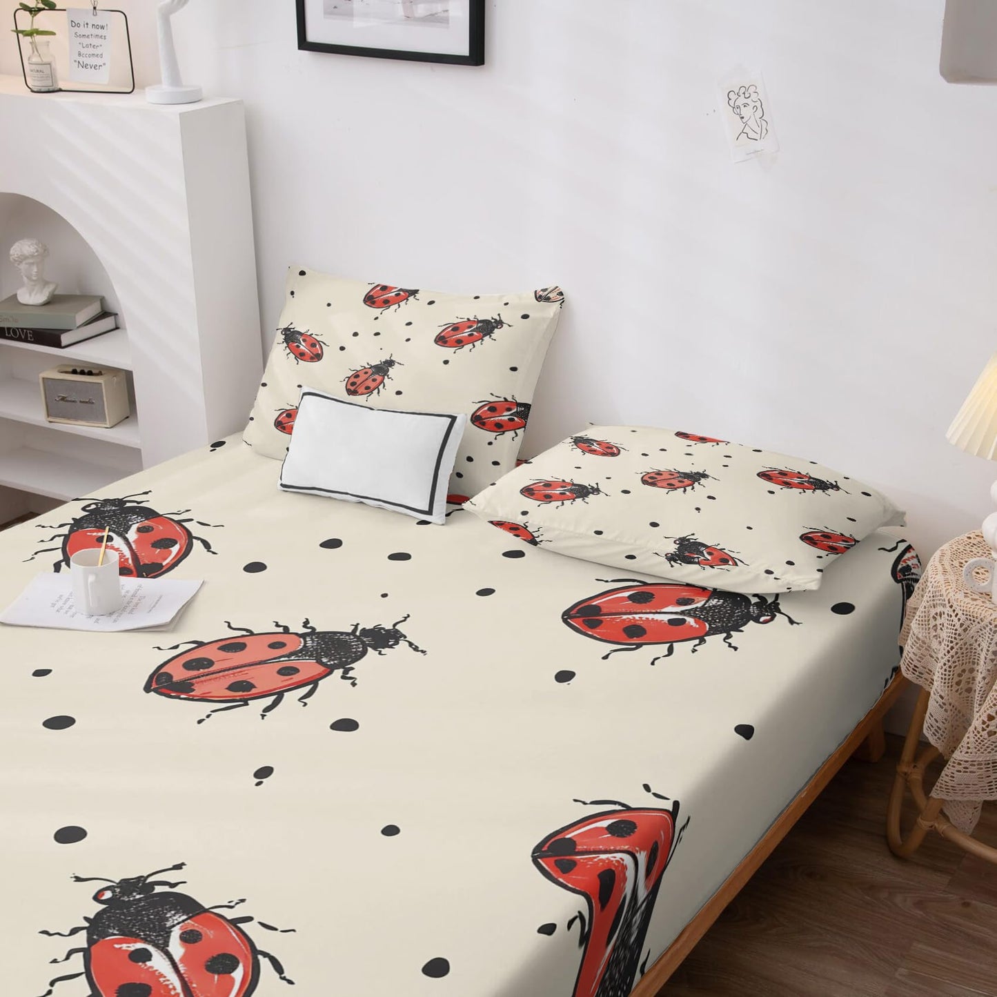 Rejkxyw King Size Sheets Set Ladybug - Insect Bed Sheets - Ladybugs Sheet Set - 12 Inch Deep Pocket - Ultra Soft Winkle Free Microfiber Bedding Sheets & Pillowcases 4 Piece