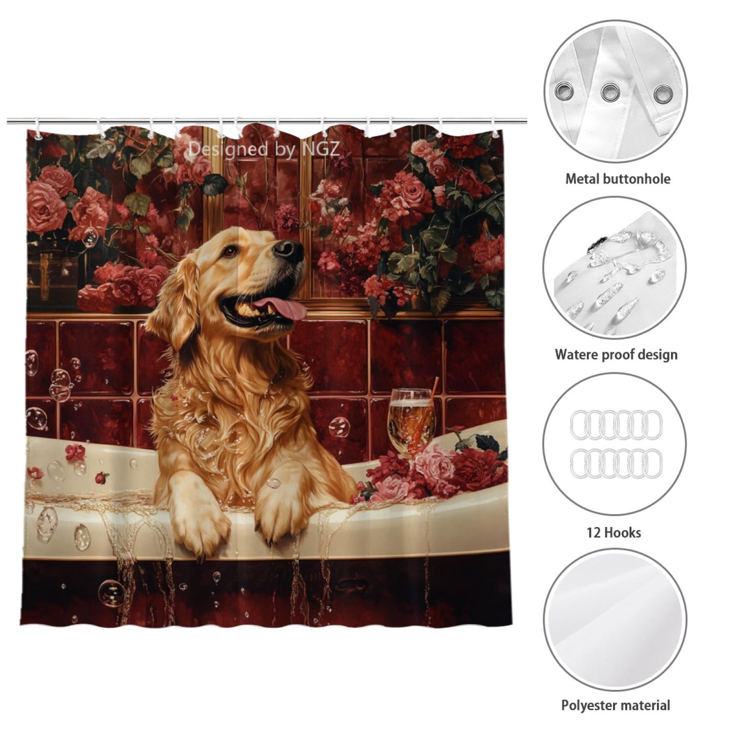 NGZ Funny Golden Retriever Shower Curtain, SPA Golden Retriever with Wine, Red Shower Curtain, 72x72 Inches Floral Shower Curtains for Bathroom, Bath Curtains Set with 12 Hooks
