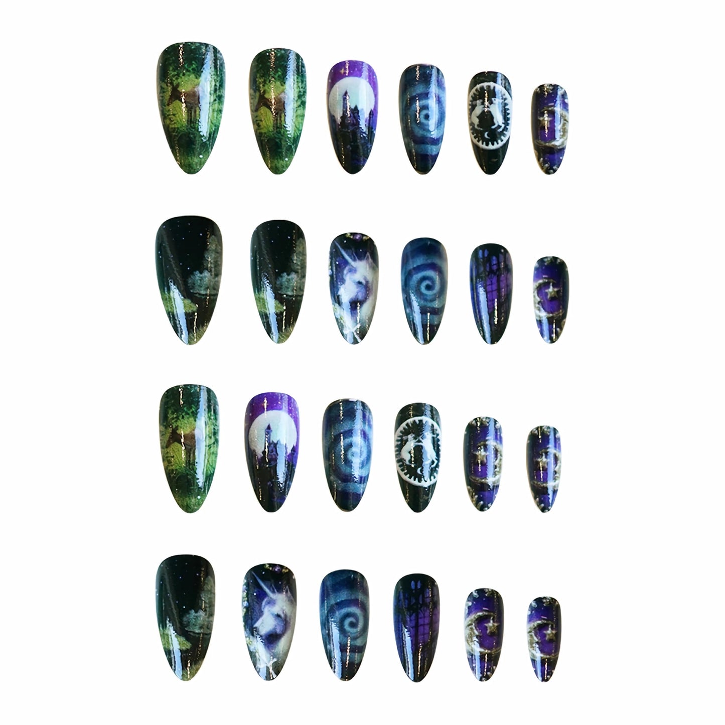 BABALAL Press on Nails Medium Almond Fake Nails Purple Goth Glue ons Anime Design Rabbit Unicorn Golden Moon Y2k Manicure Handmade Custom Art 24Pcs Glossy Full Cover Acrylic False Nails