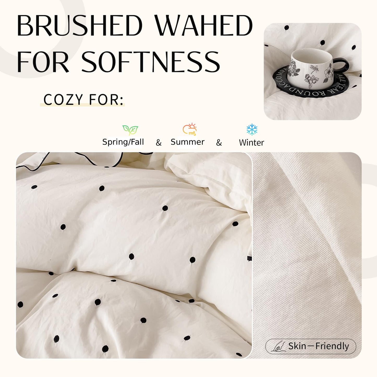AMZTOP Duvet Cover Queen Size Polka Dot Beige 3 Pcs(1 Duvet Cover with 2 Pillowcases),Soft Washed All Seasons Comforter Covers with Ruffles,Cute Queen Bedding Set for Teen Girls 90"×90"